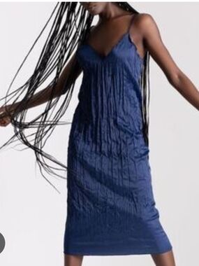 Zara Deep Blue Spaghetti-Strap Midi Slip Dress